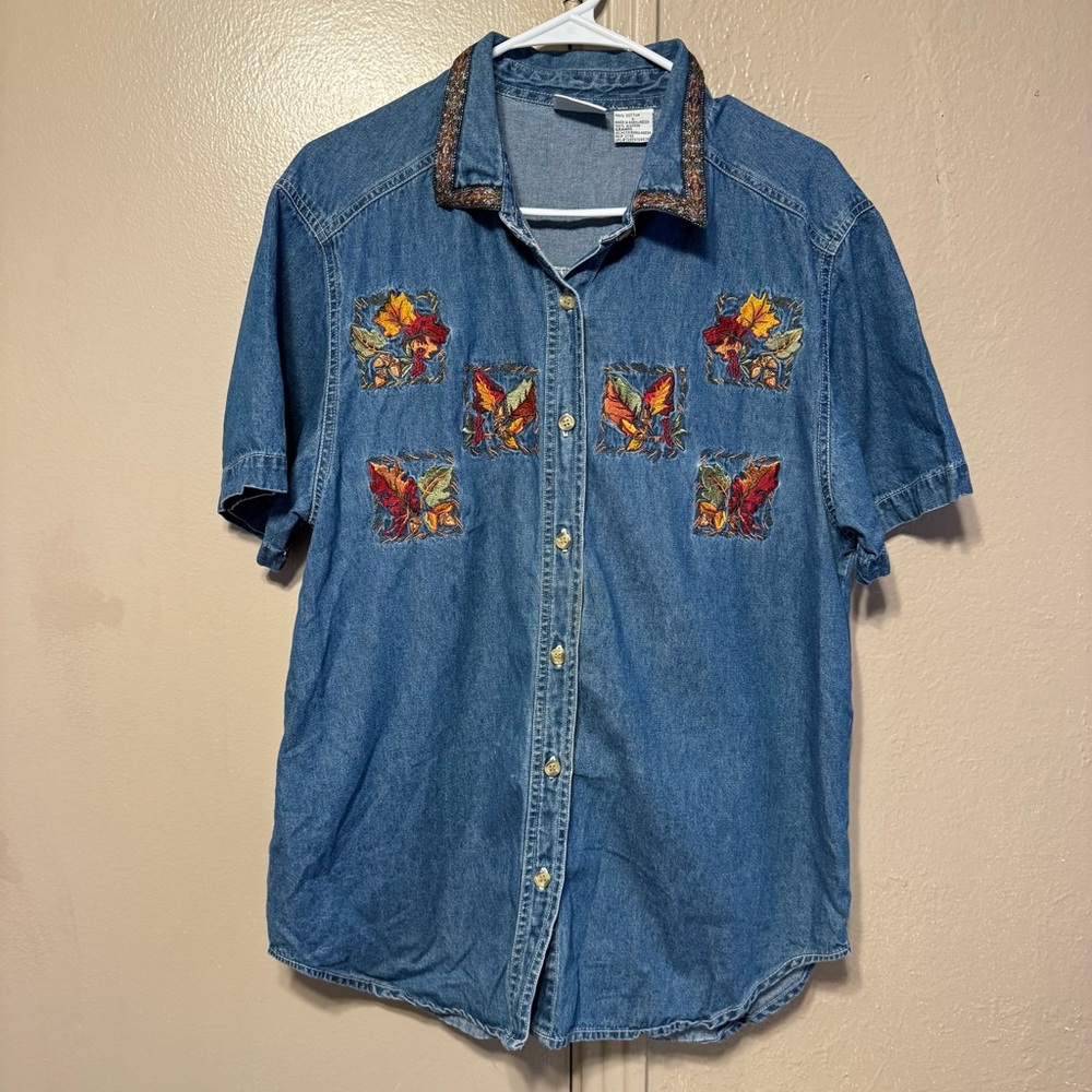 VTG 90s It Girl Denim Button Down Womens L Fall Leaf Embroidery‎